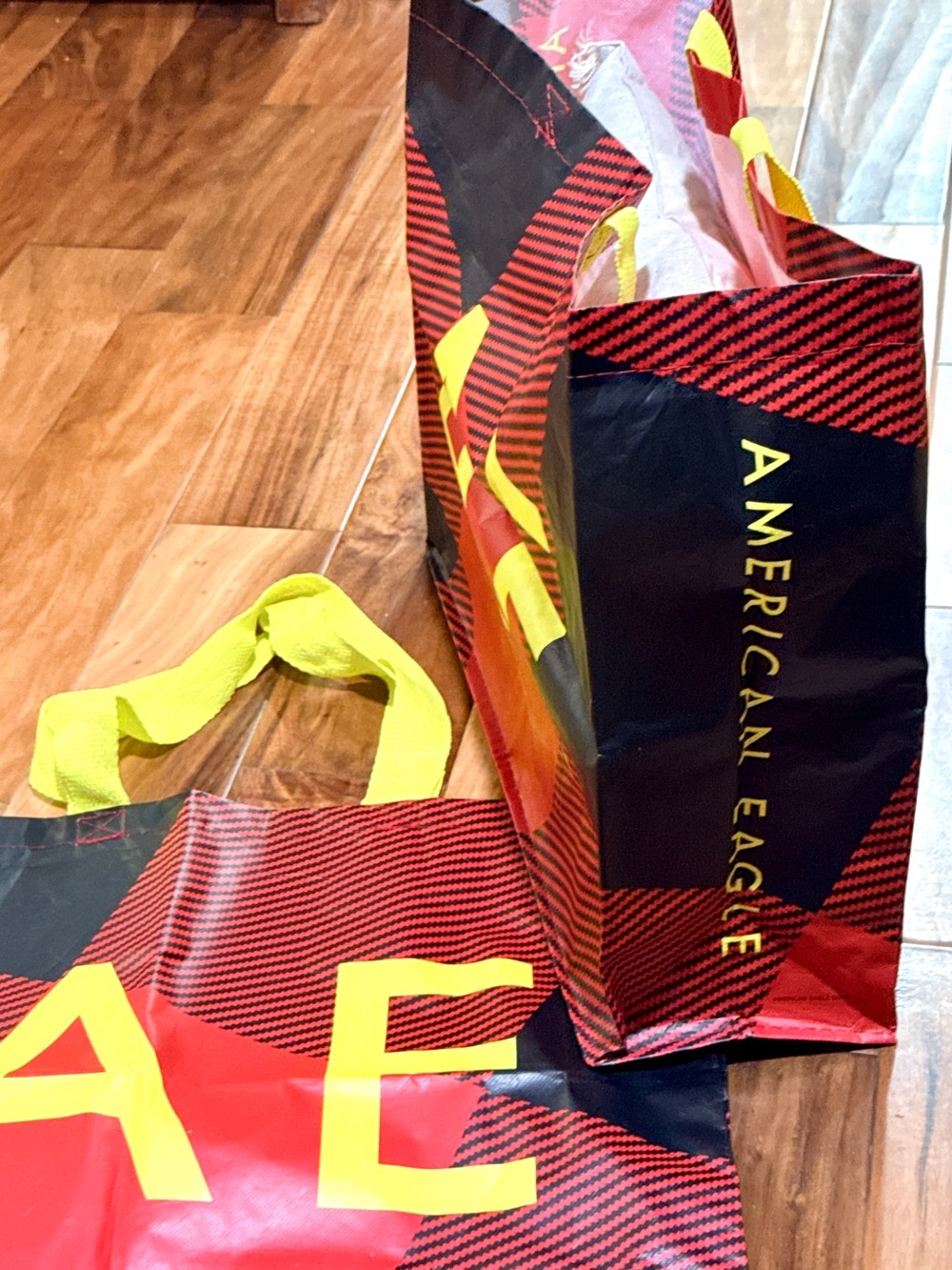 American Eagle Outfitters Red & Black Checker Tote with Neon Yellow Handles - Picture 2 of 2